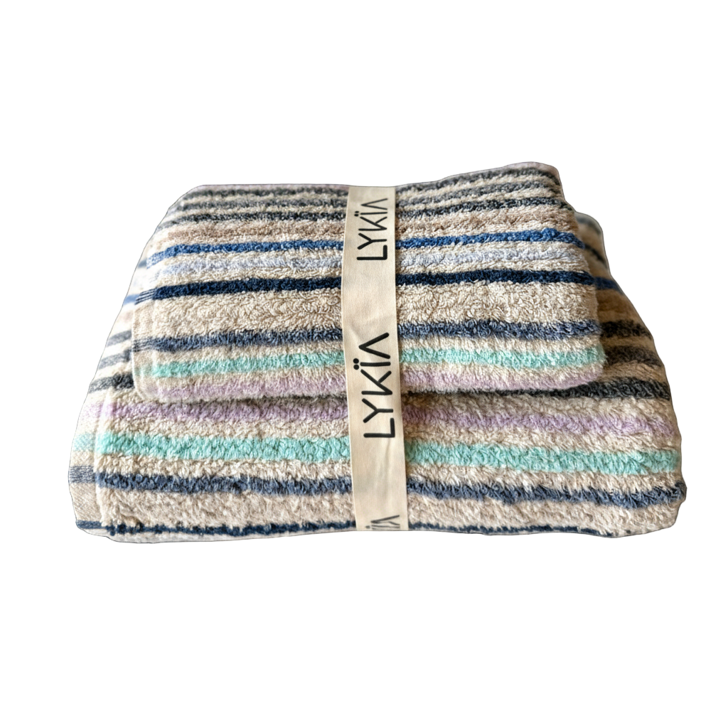 Sæt med badehåndklæde og gæstehåndklæde horisont stribet (uden frynser)